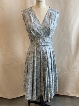 HEART OF HAUTE, Lt Gray, French Blue, Silver, Cotton, Floral, DRESS, Sleeveless, Pleated at Shoulders, V-neck, Pleated Skirt, Side Zipper