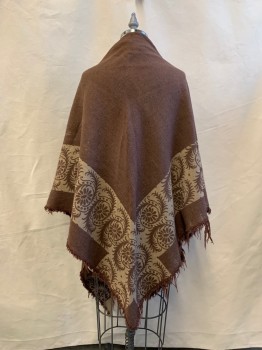 Womens, Shawl 1890s-1910s, N/L, Dk Brown, Tan Brown, Wool, Floral, Color Blocking, O/S, Fringe Hem, Threadbare in Places, Couple of Repair Seams Beginning to Tear Again