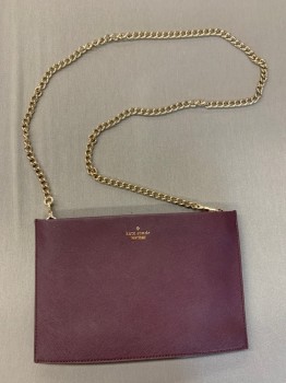 Womens, Purse, KATE SPADE, Aubergine Purple, Leather, Solid, Eggplant Purple with Gold Letters "Kate Spade New York", Gold Chain Strap,