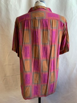 OAS, Magenta Pink, Purple, Green, Red-Orange, Viscose, Abstract , Psychedelic Print, Button Front, Collar Attached, 1 Pocket,