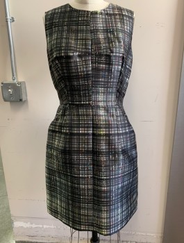 Womens, Dress, Sleeveless, MILLY, Black, White, Multi-color, Polyester, Spandex, Plaid, Abstract , 6, Scoop Neckline, Pockets at Sides, One Plead at Each Side, Zipper at Center Back, Fitted, Knee Length