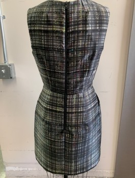 Womens, Dress, Sleeveless, MILLY, Black, White, Multi-color, Polyester, Spandex, Plaid, Abstract , 6, Scoop Neckline, Pockets at Sides, One Plead at Each Side, Zipper at Center Back, Fitted, Knee Length