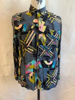 Mens, Club Shirt, YAMAMURI, Black, Gray, Pink, Lt Blue, Yellow, Rayon, Geometric, Abstract , XL, Collar Attached, Button Front, Long Sleeves, 1 Pocket, Early 1980s- Late 1990s
