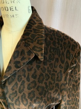 Womens, Blazer, N/L, Brown, Black, Cotton, Animal Print, 36, Velvet, Leopard, Single Breasted, Pointy Collar Attached, Notched Lapel, 2 Flap Pockets