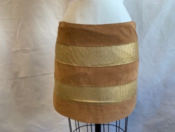 Womens, Skirt, Mini, HAUTE HIPPIE, Brown, Gold, Leather, Metallic/Metal, Stripes, S, Brown Suede, Gold Small Circular Chain Maille, Side Zip