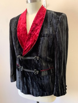 Mens, Smoking Jacket, THREAD & STITCH , Black, Cranberry Red, Cotton, Polyester, Solid, XL, Textured Velvet, Contrasting Cranberry Crushed Velvet Shawl Lapel, Double Breasted with Frog Closures, 2 Pockets