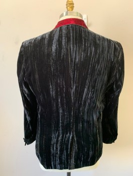 Mens, Smoking Jacket, THREAD & STITCH , Black, Cranberry Red, Cotton, Polyester, Solid, XL, Textured Velvet, Contrasting Cranberry Crushed Velvet Shawl Lapel, Double Breasted with Frog Closures, 2 Pockets