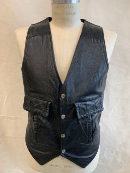 Mens, Leather Vest, Aaardvarks, Black, Leather, Polyester, Solid, M, Button Front, 4 Buttons 2  Horizontal Flaps on Front, 2 Vertical Pockets on Front, Lined Inside