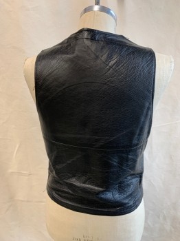Mens, Leather Vest, Aaardvarks, Black, Leather, Polyester, Solid, M, Button Front, 4 Buttons 2  Horizontal Flaps on Front, 2 Vertical Pockets on Front, Lined Inside