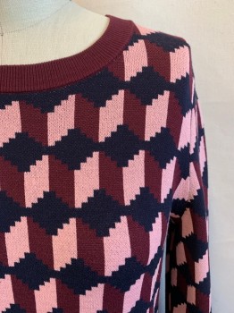 ANN TAYLOR, Red Burgundy, Navy Blue, Pink, Synthetic, Geometric, Crew Neck, Long Sleeves, Folded Cuffs
