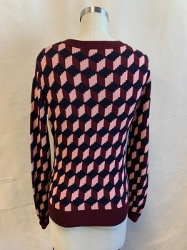 ANN TAYLOR, Red Burgundy, Navy Blue, Pink, Synthetic, Geometric, Crew Neck, Long Sleeves, Folded Cuffs