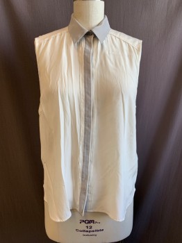 FRAME, White, Silk, Solid, Gray Collar & Placket Trim, Collar Attached, Button Front, Sleeveless