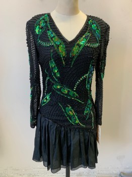 SEQUIN IMPORTS, Black, Green, Blue, Gold, Silk, Sequins, Novelty Pattern, Long Sleeves, V-neck, Heavily Beaded and Sequins, Back Zipper,
