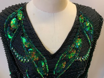 SEQUIN IMPORTS, Black, Green, Blue, Gold, Silk, Sequins, Novelty Pattern, Long Sleeves, V-neck, Heavily Beaded and Sequins, Back Zipper,