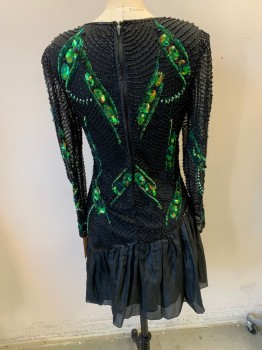 Womens, Cocktail Dress, SEQUIN IMPORTS, Black, Green, Blue, Gold, Silk, Sequins, Novelty Pattern, W 30, B 34, Long Sleeves, V-neck, Heavily Beaded and Sequins, Back Zipper,