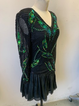 Womens, Cocktail Dress, SEQUIN IMPORTS, Black, Green, Blue, Gold, Silk, Sequins, Novelty Pattern, W 30, B 34, Long Sleeves, V-neck, Heavily Beaded and Sequins, Back Zipper,