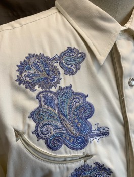 Mens, Western, ROPER, White, Periwinkle Blue, Blue, Polyester, Rayon, Paisley/Swirls, 3XL, Retro, Twill with Large Embroidered Details at Chest and Back, L/S, Snap Front, Collar Attached, Snaps are Hexagonal Shape, 2 Curved Welt Pockets at Chest, Gray Piping