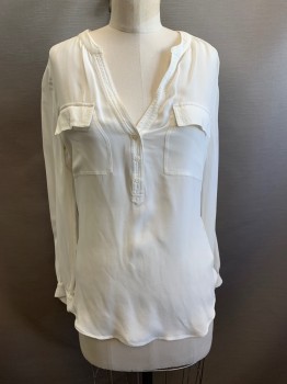 JOIE, Off White, Silk, Solid, Band Collar, Half Button Placket, Long Sleeves, 2 Pockets *Rust Stains at Right Back Hem*