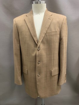 JONES NEW YORK, Tan Brown, Wool, Plaid-  Windowpane, Single Breasted, 3 Bttns, Notched Lapel, 3 Pckts, Gray And Orange Lines