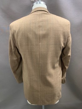 JONES NEW YORK, Tan Brown, Wool, Plaid-  Windowpane, Single Breasted, 3 Bttns, Notched Lapel, 3 Pckts, Gray And Orange Lines