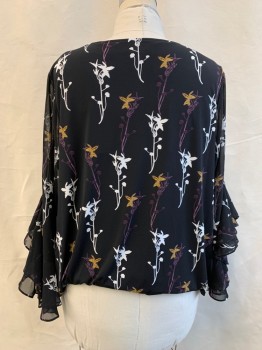 ALFANI, Black, White, Goldenrod Yellow, Purple, Polyester, Spandex, Floral, Chiffon, Scoop Neck, Bell Sleeve with 2 Ruffle Cuff, Elastic Gathered Waist Attached to Solid Black Camisole