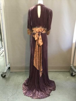 Womens, Evening Gown, M.T.O., Purple, Beige, Silk, Sequins, Solid, W 28 , B 36, 1930's, Velvet, Beige Satin Accents with Rhinestones and Sequins, 3/4 Sleeve, Side Zip, Gathered Neck and Waistband, Floor Length, Keyhole Back with Hook & Eyes, Slight Burn Around Neck, Attached Belt at Waist