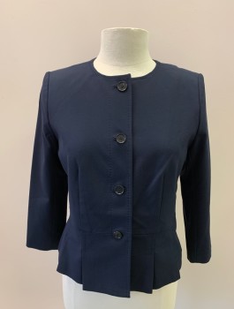 ANN TAYLOR, Navy Blue, Polyester, Viscose, Single Breasted, 4 Button, No Collar, Pleated Peplum Waist