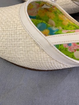 Womens, Shoe, CLOUDHOPPERS, White, Straw, Leather, Solid, Sz.6, Low Heeled Slingbacks, Pointed Toes are Woven Straw, Leather Strap Around Ankle, Colorful Floral Fabric Sole/Inside Lining, 1.5" Brown Wood Heel