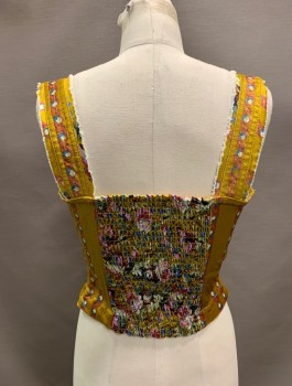 PILICRO, Amber Yellow, Multi-color, Cotton, Viscose, Floral, V-N, Slvls, Side Zipper, Velour, White Frayed Trim, Light Purple, Violet, And Burgundy Flowers