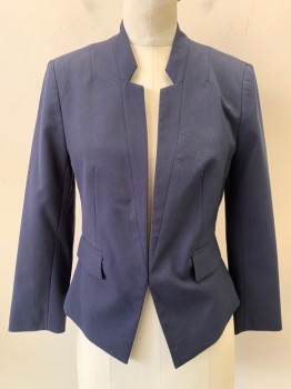 ELLEN TRACY, Navy Blue, Polyester, Viscose, Solid, Inverted Notch "Lapel", Open Front, 1 Hook & Eye Closure at Waist, 2 Pockets