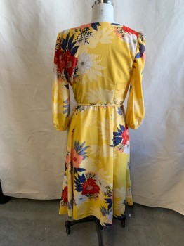 ELIZA J, Yellow, French Blue, Red, Off White, Pink, Polyester, Floral, Surplice, Self Belt Wast, L/S, Elastic Cuffs, Zip Side, Hem Below Knee
