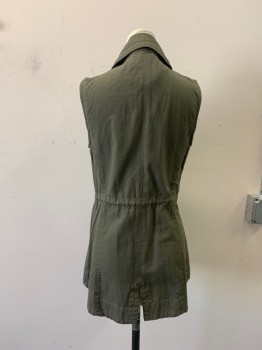 Womens, Vest, AMERICAN RAG, Dk Olive Grn, Cotton, Solid, S, Safari Inspired Jacket Vest, Drawstring at Collar, Zip Front, Button Front, 4 Snap Front Pockets, Drawstring at Waist, Center Back Vent