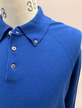 BROOKS BROTHERS, Blue, Cotton, Silk, Solid, L/S, 3 Buttons, Button Down Collar, Raglan Sleeves, Cashmere/Silk/Cotton Blend