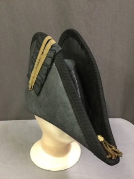 Mens, Historical Fiction Hat , M.B.A. Ltd, Faded Black, Brass Metallic, Linen, Solid, 57cm, Bi-corn, Waxed Linen, Embossed Binding, Metallic Ribbon and Grosgrain Decoration, Metallic Twist Cord Band with Tassel Front and Back