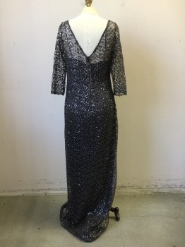 N/L, Gray, Silver, Silk, Sequins, Dark Gray Spaghetti Strap Slip Dress with Novelty Knit Overlay with Silver Sequins, Scoop Neck with 3/4 Sleeve, Floor Length Hem, Back Zipper