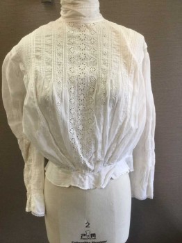 Womens, Blouse 1890s-1910s, N/L, White, Cotton, Lace, Solid, Floral, B:36, Long Sleeves, Buttons In Back, High Stand Collar, Front Is Intricate Pintuck Stripes and Eyelet Floral Embroidery/Threadwork, Lace Trim At Neck, Cuffs, and Sheer Lace Inset At Sleeve Inseam, Made To Order, **Mended At Center Back Waist, Upper Back Near Shoulder,