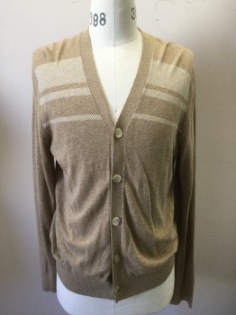 BANANA REPUBLIC, Lt Brown, Cotton, Heathered, with Cream Horizontal Stripes Across Chest, B.F., L/S, Ribbed Knit Cuff/Waistband