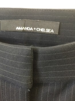 AMANDA + CHELSEA, Midnight Blue, Lt Gray, Rayon, Polyester, Stripes - Pin, Dark Navy/Midnight (Nearly Black) with Light Gray Dotted Pinstripe, Mid Rise, Straight Leg, Zip Fly 2 Side Pockets with Zippers