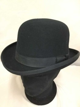 Mens, Bowler Hat 1890s-1910s, Gold Gate Hat Co, Black, Wool, Solid, 60, 7 1/2, 1" Black Grosgrain Band/bow and Edge Trim, Soft Structure