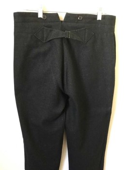 Mens, Pants 1890s-1910s, NO LABEL, Charcoal Gray, Wool, Heathered, 29, 32, Flat Front, Button Fly, Suspender Buttons, Side Pockets, Adjustable Back Straps with Buckle