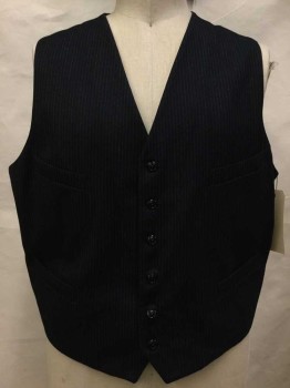 Mens, Vest 1890s-1910s, Navy Blue, Gray, Wool, Stripes, Ch 48, Navy with Gray Stripes, Button Front, 4 Pockets,