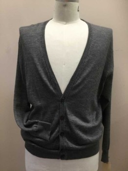 ROBERTS, Gray, Wool, Solid, Button Front, Deep V-neck, Long Sleeves,