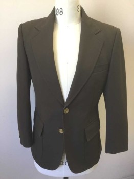 Mens, Blazer/Sport Co, ALEXANDER'S, Dk Brown, Polyester, Solid, 38S, Poly Twill, Single Breasted, Wide Notched Lapel, 2 Gold Embossed Metal Buttons, 3 Pockets Including 2 Patch Pockets at Hips, Brown Nylon Lining,