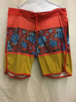 RVCA, Red, Blue, Orange, Gray, Tan Brown, Cotton, Synthetic, Color Blocking, Floral, Lace Up Waist, 1 Back Pocket With Flap
