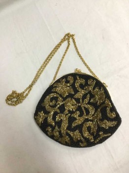 Inge Christopher, Black, Gold, Beaded, Floral, Black Beading with Gold Floral Beading, Gold Metal Half Moon Closure and Gold Chain, Looks Turn Of The 20th Century But Is Contemporary,