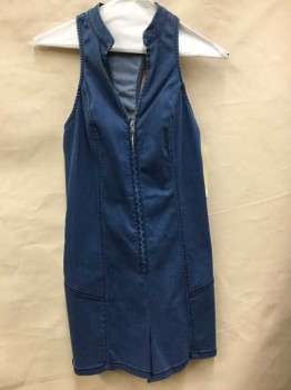 Womens, Romper, Guess, Denim Blue, Cotton, Spandex, Solid, 2, Chambray, Zip Front, V Neck, Racer Back