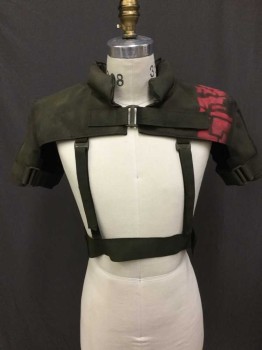 Unisex, Sci-Fi/Fantasy Harness, NO LABEL, Dk Olive Grn, Polyester, Solid, M/L, with Red Spray Paint Stencil, Shrug, Harness, Padded Collar, Short Sleeves, Velcro Tab Front, Elastic/Velcro Adjustable Waist, Post Industrial, Post Apocalyptic, Detachable Interior Shoulder Pads
