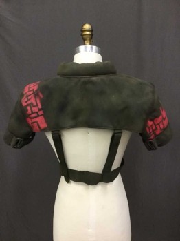 Unisex, Sci-Fi/Fantasy Harness, NO LABEL, Dk Olive Grn, Polyester, Solid, M/L, with Red Spray Paint Stencil, Shrug, Harness, Padded Collar, Short Sleeves, Velcro Tab Front, Elastic/Velcro Adjustable Waist, Post Industrial, Post Apocalyptic, Detachable Interior Shoulder Pads