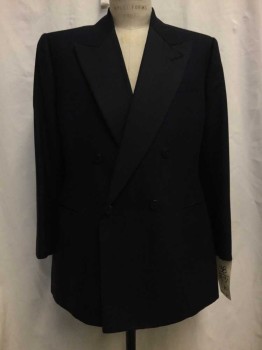 Mens, 1930s Vintage, Formal Jacket , MTO, Navy Blue, Wool, Silk, Stripes - Shadow, 34/31, 38R, Made To Order, Navy, Shadow Stripes, Textured Silk Peaked Lapel, Dbl Breasted, 4 Buttons, 3 Pockets,