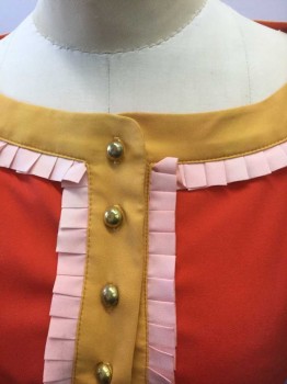 DEAR CREATURES, Tomato Red, Mustard Yellow, Lt Pink, Polyester, Solid, Tomato with Mustard Trim at Waist, Wide Scoop Neck and Button Placket, Sleeveless, 6 Gold Buttons at Center Front, Light Pink Pleated Ruffle at Neck and Button Placket, Pockets at Sides, Hem Above Knee, Retro Look